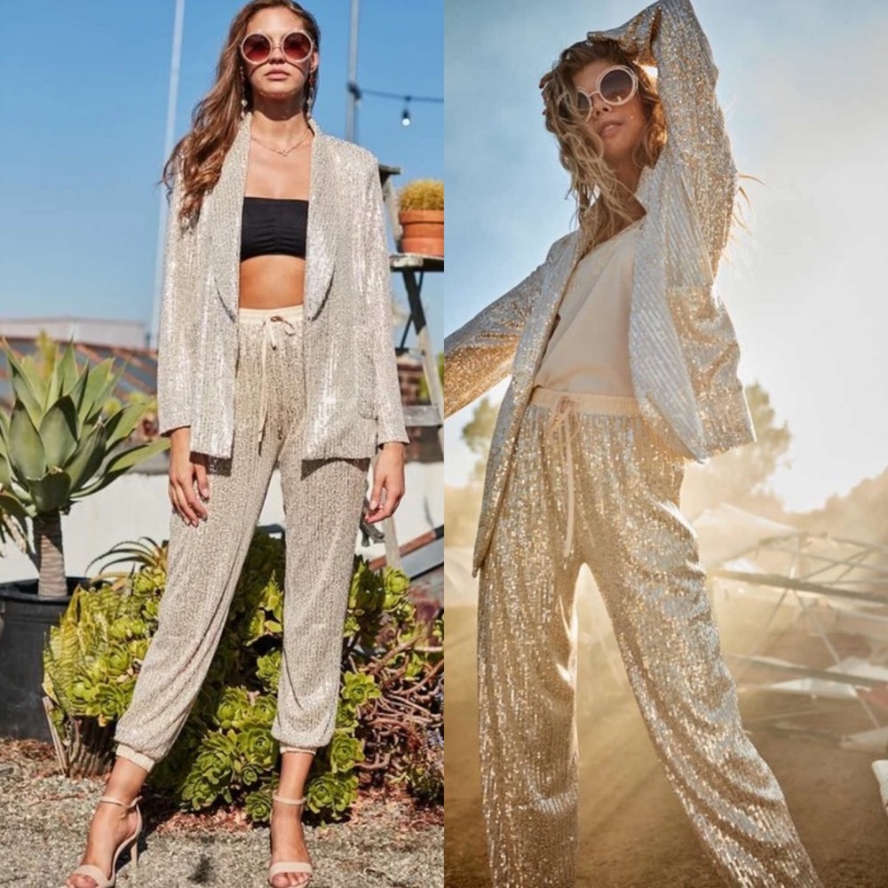 *RESTOCKED* Champagne Showers Gold Sequin Jacket and Pant Set - Picture 4 of 6